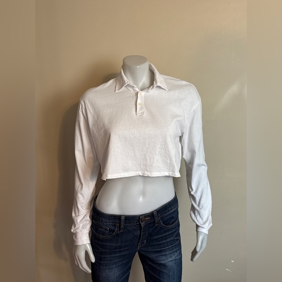 Sunday Best Roland Long Sleeve. Cropped White Long-Sleeve Polo. XS P2P 21" - Picture 5 of 7